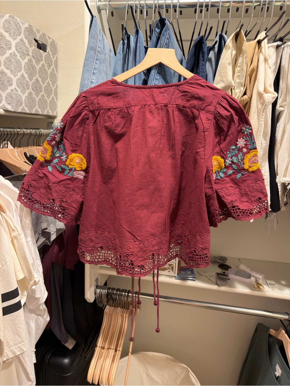NWOT Embroidered Tie-Front Blouse in Wine - Picture 3 of 3